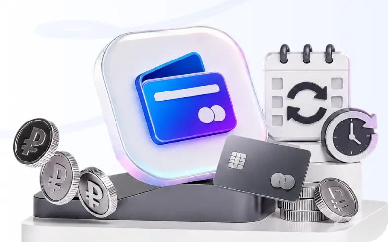Bank card, coins and a recurring billing calendar